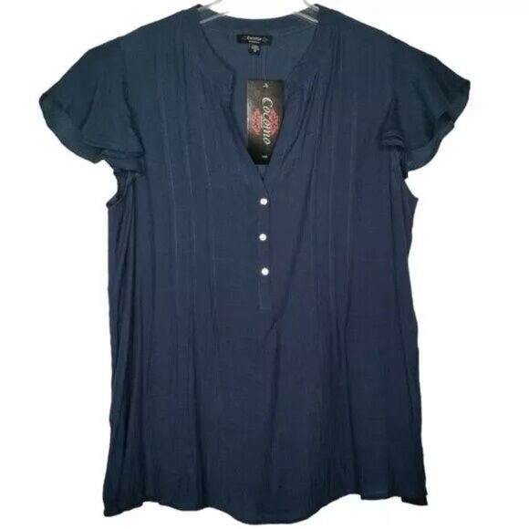 NWT Cocomo Plus Size 3X Navy Blue Solid Pintuck Short Flutter Sleeve Top - Picture 1 of 7
